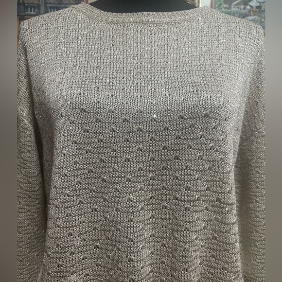 SIONI Shimmering Sparkling Cream Lightweight Tie Front Crochet Sweater Top SZ M - Picture 4 of 10